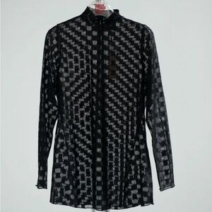 Sheer stretchy mock neck top, geometric pattern from Tamara Malas, size L